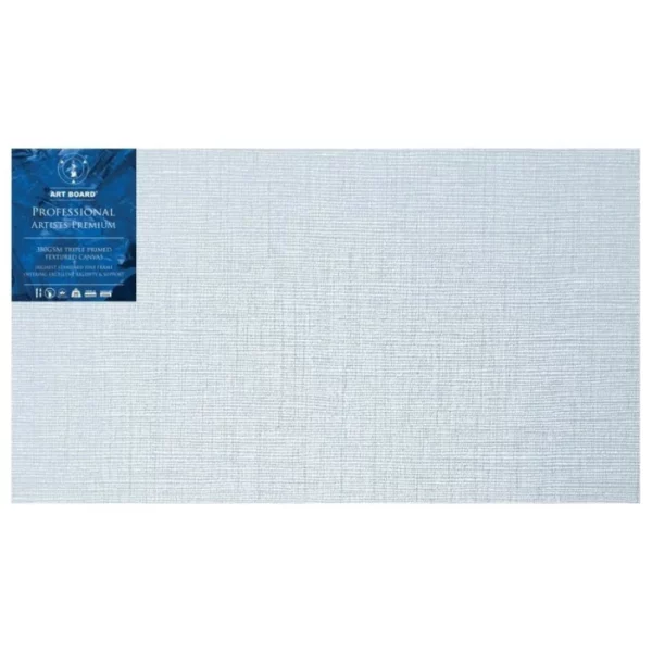 A single 12" x 24" Artboard Professional Box Canvas is shown in the center of the frame. The canvas is medium grained, white, triple primes canvas and has a blue, branded label in the top left hand corner of the canvas. The label has the Artboard logo and product details printed on it in white. It is suitable for Oils and Acrylics and has the highest standard pine frame, offering excellent rigidity and support. On a white background.