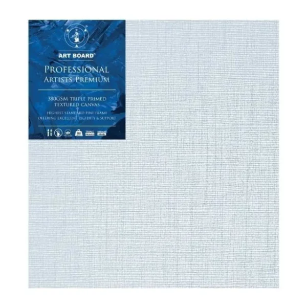 A single 14" x 18" Artboard Professional Stretched Canvas is shown in the center of the frame. The canvas is medium grained, white, triple primes canvas and has a blue, branded label in the top left hand corner of the canvas. The label has the Artboard logo and product details printed on it in white. It is suitable for Oils and Acrylics and has the highest standard pine frame, offering excellent rigidity and support. On a white background.