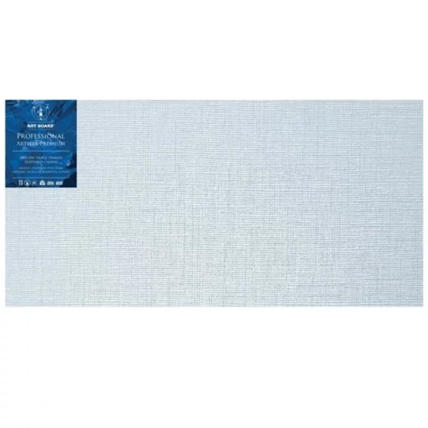 A single 15" x 30" Artboard Professional Box Canvas is shown in the center of the frame. The canvas is medium grained, white, triple primes canvas and has a blue, branded label in the top left hand corner of the canvas. The label has the Artboard logo and product details printed on it in white. It is suitable for Oils and Acrylics and has the highest standard pine frame, offering excellent rigidity and support. On a white background.