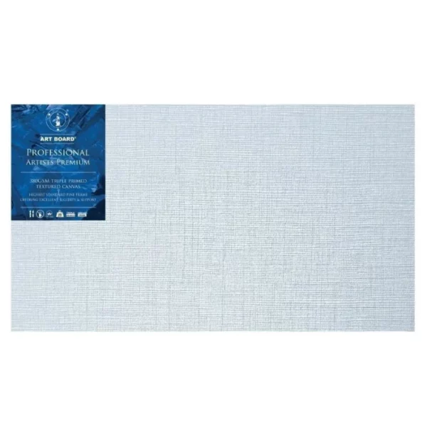 A single 15" x 30" Artboard Professional Stretched Canvas is shown in the center of the frame. The canvas is medium grained, white, triple primes canvas and has a blue, branded label in the top left hand corner of the canvas. The label has the Artboard logo and product details printed on it in white. It is suitable for Oils and Acrylics and has the highest standard pine frame, offering excellent rigidity and support. On a white background.