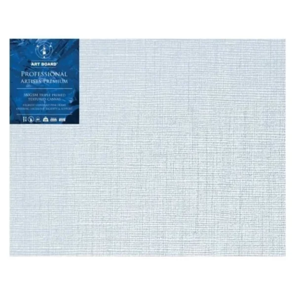 A single 16" x 20" Artboard Professional Box Canvas is shown in the center of the frame. The canvas is medium grained, white, triple primes canvas and has a blue, branded label in the top left hand corner of the canvas. The label has the Artboard logo and product details printed on it in white. It is suitable for Oils and Acrylics and has the highest standard pine frame, offering excellent rigidity and support. On a white background.