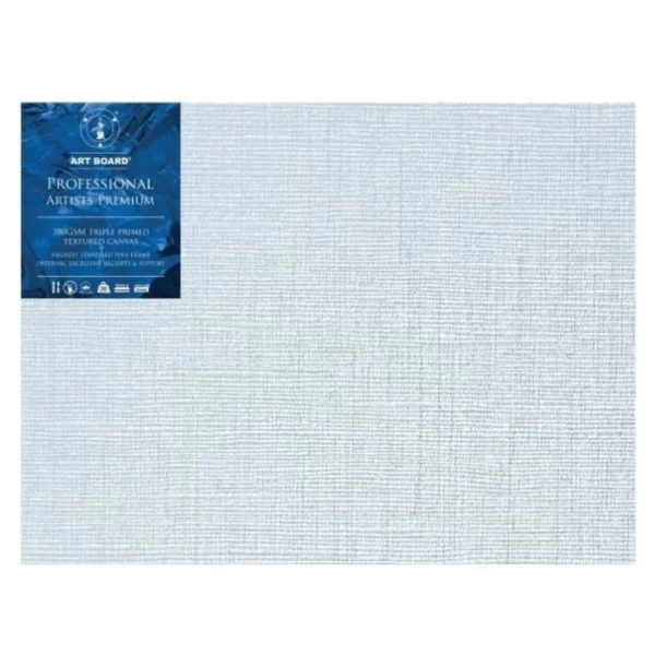 A single 18" x 24" Artboard Professional Box Canvas is shown in the center of the frame. The canvas is medium grained, white, triple primes canvas and has a blue, branded label in the top left hand corner of the canvas. The label has the Artboard logo and product details printed on it in white. It is suitable for Oils and Acrylics and has the highest standard pine frame, offering excellent rigidity and support. On a white background.