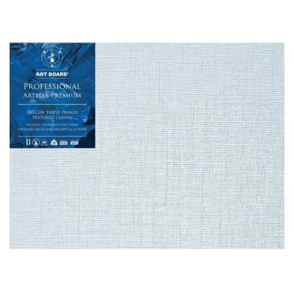 A single 20" x 30" Artboard Professional Stretched Canvas is shown in the center of the frame. The canvas is medium grained, white, triple primes canvas and has a blue, branded label in the top left hand corner of the canvas. The label has the Artboard logo and product details printed on it in white. It is suitable for Oils and Acrylics and has the highest standard pine frame, offering excellent rigidity and support. On a white background.