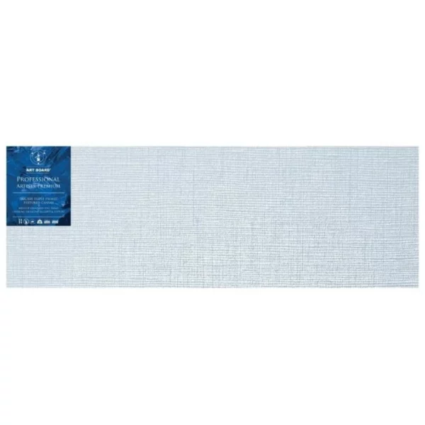 A single 20" x 60" Artboard Professional Box Canvas is shown in the center of the frame. The canvas is medium grained, white, triple primes canvas and has a blue, branded label in the top left hand corner of the canvas. The label has the Artboard logo and product details printed on it in white. It is suitable for Oils and Acrylics and has the highest standard pine frame, offering excellent rigidity and support. On a white background.