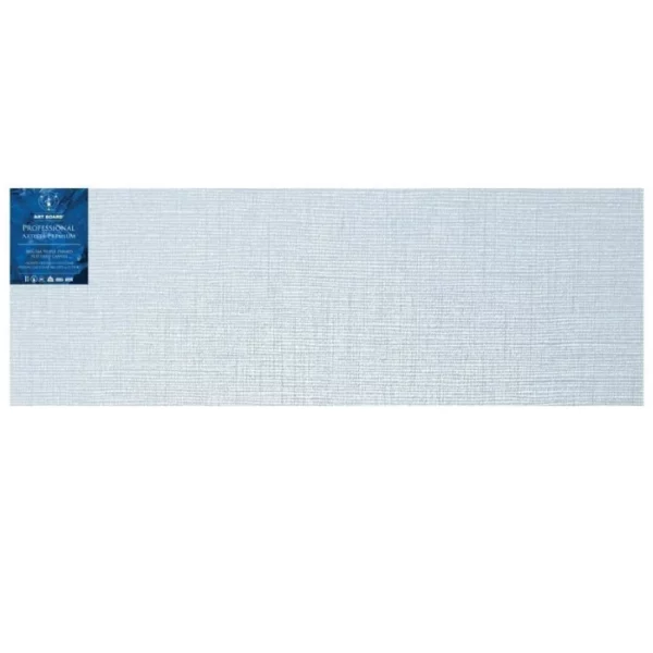 A single 20" x 60" Artboard Professional Stretched Canvas is shown in the center of the frame. The canvas is medium grained, white, triple primes canvas and has a blue, branded label in the top left hand corner of the canvas. The label has the Artboard logo and product details printed on it in white. It is suitable for Oils and Acrylics and has the highest standard pine frame, offering excellent rigidity and support. On a white background.