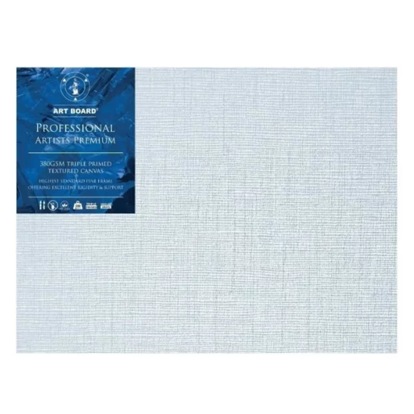 A single 22" x 28" Artboard Professional Stretched Canvas is shown in the center of the frame. The canvas is medium grained, white, triple primes canvas and has a blue, branded label in the top left hand corner of the canvas. The label has the Artboard logo and product details printed on it in white. It is suitable for Oils and Acrylics and has the highest standard pine frame, offering excellent rigidity and support. On a white background.