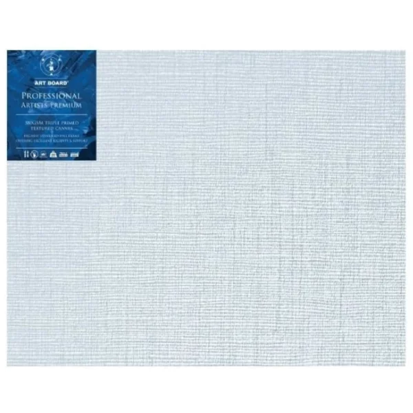 A single 24" x 30" Artboard Professional Box Canvas is shown in the center of the frame. The canvas is medium grained, white, triple primes canvas and has a blue, branded label in the top left hand corner of the canvas. The label has the Artboard logo and product details printed on it in white. It is suitable for Oils and Acrylics and has the highest standard pine frame, offering excellent rigidity and support. On a white background.