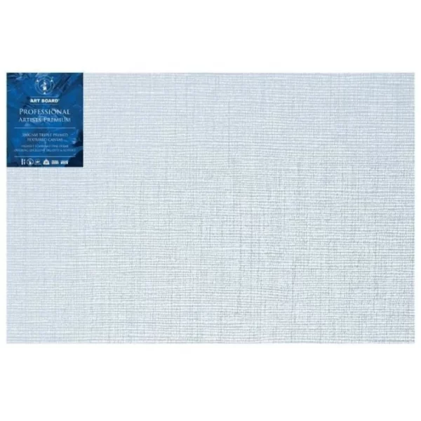 A single 24" x 36" Artboard Professional Box Canvas is shown in the center of the frame. The canvas is medium grained, white, triple primes canvas and has a blue, branded label in the top left hand corner of the canvas. The label has the Artboard logo and product details printed on it in white. It is suitable for Oils and Acrylics and has the highest standard pine frame, offering excellent rigidity and support. On a white background.