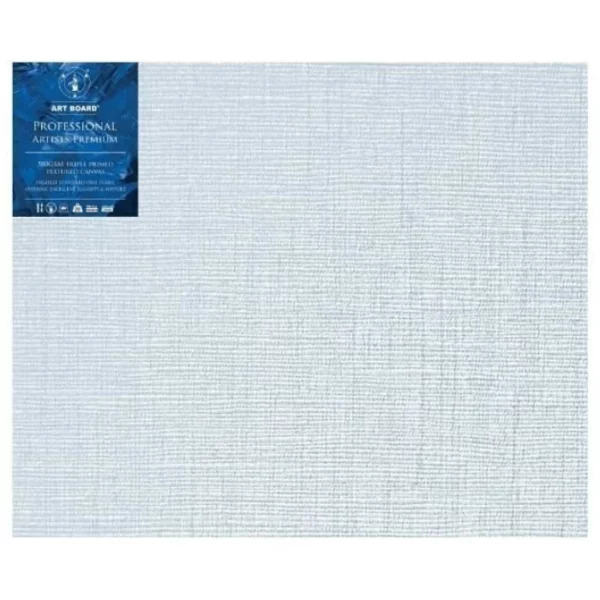 A single 30" x 36" Artboard Professional Box Canvas is shown in the center of the frame. The canvas is medium grained, white, triple primes canvas and has a blue, branded label in the top left hand corner of the canvas. The label has the Artboard logo and product details printed on it in white. It is suitable for Oils and Acrylics and has the highest standard pine frame, offering excellent rigidity and support. On a white background.