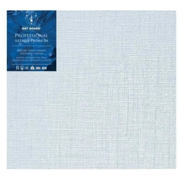 A single 30" x 36" Artboard Professional Stretched Canvas is shown in the center of the frame. The canvas is medium grained, white, triple primes canvas and has a blue, branded label in the top left hand corner of the canvas. The label has the Artboard logo and product details printed on it in white. It is suitable for Oils and Acrylics and has the highest standard pine frame, offering excellent rigidity and support. On a white background.