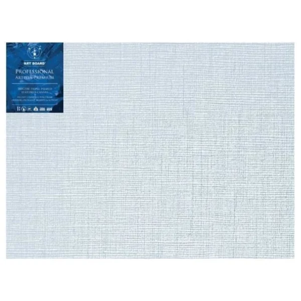 A single 30" x 40" Artboard Professional Box Canvas is shown in the center of the frame. The canvas is medium grained, white, triple primes canvas and has a blue, branded label in the top left hand corner of the canvas. The label has the Artboard logo and product details printed on it in white. It is suitable for Oils and Acrylics and has the highest standard pine frame, offering excellent rigidity and support. On a white background.