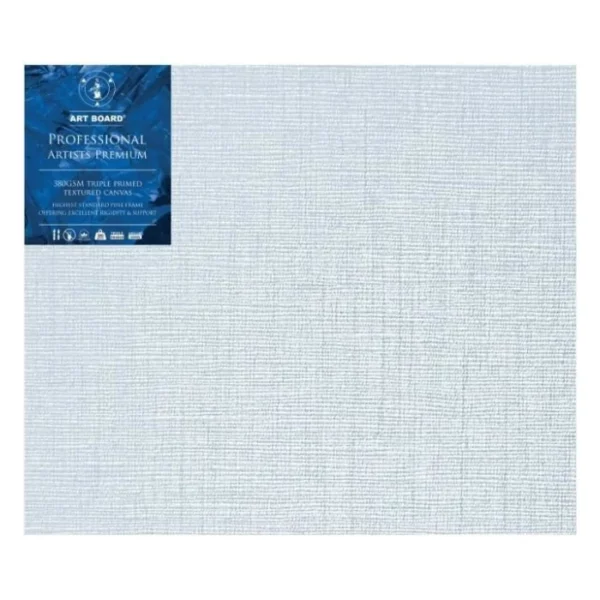 A single 30" x 40" Artboard Professional Stretched Canvas is shown in the center of the frame. The canvas is medium grained, white, triple primes canvas and has a blue, branded label in the top left hand corner of the canvas. The label has the Artboard logo and product details printed on it in white. It is suitable for Oils and Acrylics and has the highest standard pine frame, offering excellent rigidity and support. On a white background.