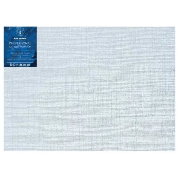 A single 35" x 48" Artboard Professional Box Canvas is shown in the center of the frame. The canvas is medium grained, white, triple primes canvas and has a blue, branded label in the top left hand corner of the canvas. The label has the Artboard logo and product details printed on it in white. It is suitable for Oils and Acrylics and has the highest standard pine frame, offering excellent rigidity and support. On a white background.