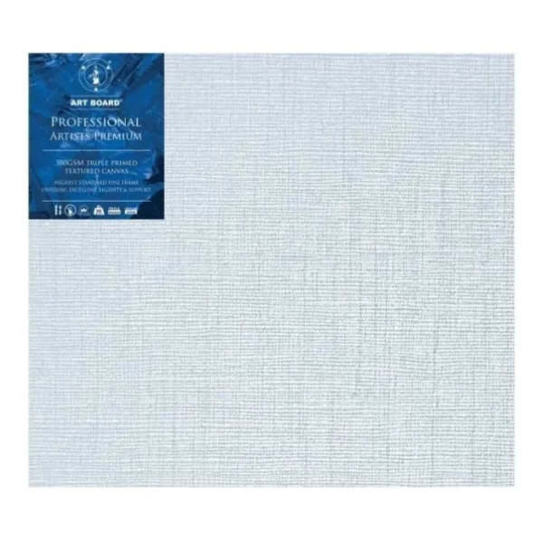 A single 40" x 50" Artboard Professional Stretched Canvas is shown in the center of the frame. The canvas is medium grained, white, triple primes canvas and has a blue, branded label in the top left hand corner of the canvas. The label has the Artboard logo and product details printed on it in white. It is suitable for Oils and Acrylics and has the highest standard pine frame, offering excellent rigidity and support. On a white background.