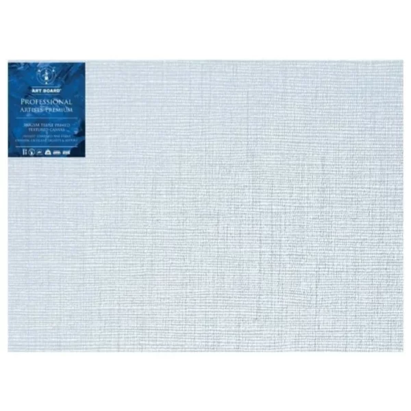 A single 48" x 60" Artboard Professional Box Canvas is shown in the center of the frame. The canvas is medium grained, white, triple primes canvas and has a blue, branded label in the top left hand corner of the canvas. The label has the Artboard logo and product details printed on it in white. It is suitable for Oils and Acrylics and has the highest standard pine frame, offering excellent rigidity and support. On a white background.