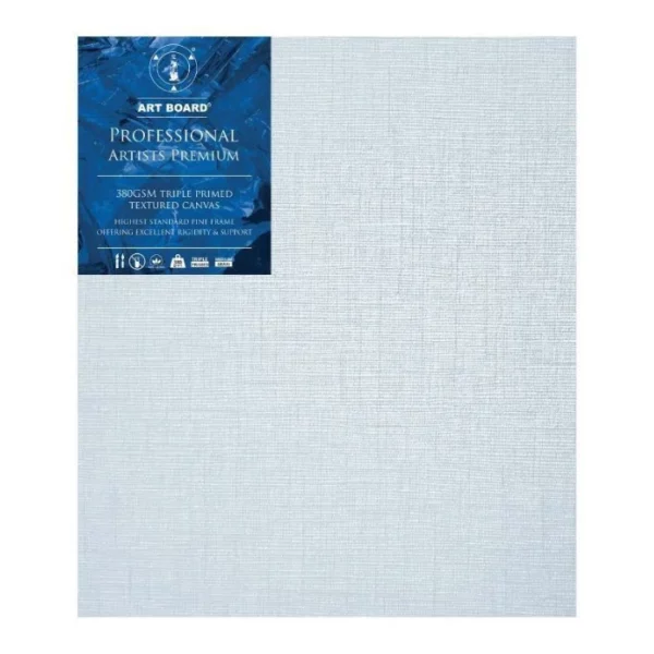 A single 5" x 7" Artboard Professional Box Canvas is shown in the center of the frame. The canvas is medium grained, white, triple primes canvas and has a blue, branded label in the top left hand corner of the canvas. The label has the Artboard logo and product details printed on it in white. It is suitable for Oils and Acrylics and has the highest standard pine frame, offering excellent rigidity and support. On a white background.