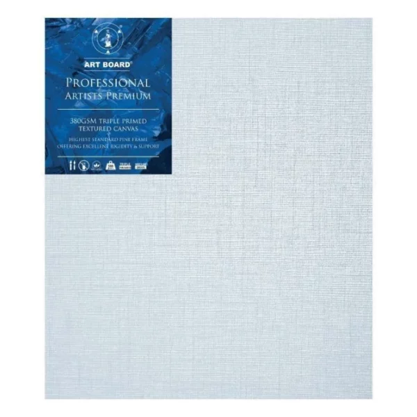 A single 5" x 7" Artboard Professional Stretched Canvas is shown in the center of the frame. The canvas is medium grained, white, triple primes canvas and has a blue, branded label in the top left hand corner of the canvas. The label has the Artboard logo and product details printed on it in white. It is suitable for Oils and Acrylics and has the highest standard pine frame, offering excellent rigidity and support. On a white background.