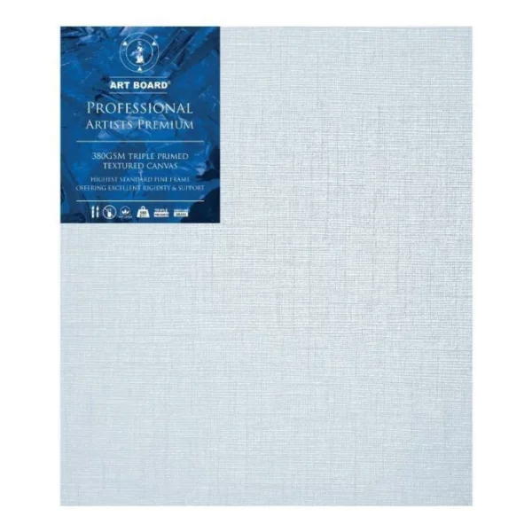 A single 7" x 9" Artboard Professional Box Canvas is shown in the center of the frame. The canvas is medium grained, white, triple primes canvas and has a blue, branded label in the top left hand corner of the canvas. The label has the Artboard logo and product details printed on it in white. It is suitable for Oils and Acrylics and has the highest standard pine frame, offering excellent rigidity and support. On a white background.