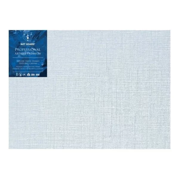 A single 9" x 12" Artboard Professional Box Canvas is shown in the center of the frame. The canvas is medium grained, white, triple primes canvas and has a blue, branded label in the top left hand corner of the canvas. The label has the Artboard logo and product details printed on it in white. It is suitable for Oils and Acrylics and has the highest standard pine frame, offering excellent rigidity and support. On a white background.