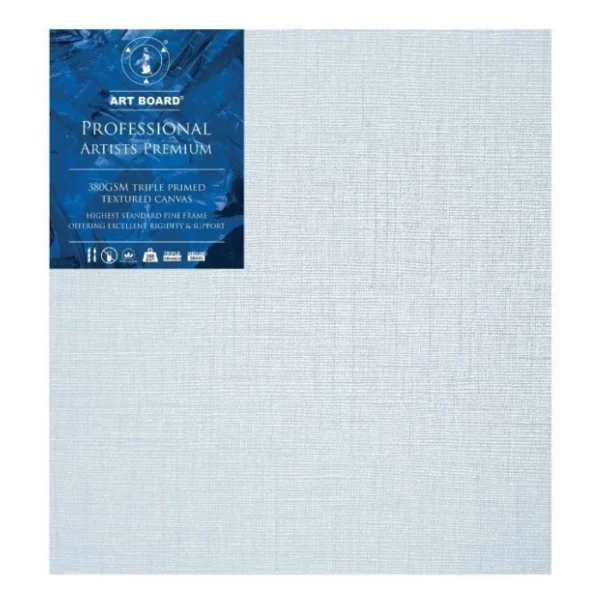 A single 9" x 12" Artboard Professional Stretched Canvas is shown in the center of the frame. The canvas is medium grained, white, triple primes canvas and has a blue, branded label in the top left hand corner of the canvas. The label has the Artboard logo and product details printed on it in white. It is suitable for Oils and Acrylics and has the highest standard pine frame, offering excellent rigidity and support. On a white background.