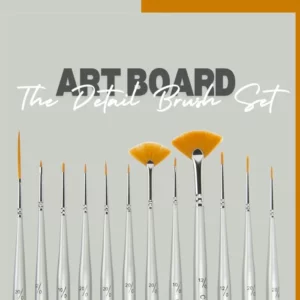 A promotional image for the Artboard Detail Brush Set. You can see the Artboard name in grey at the top with the words 'the detail brush set' in white slightly overlapping the artboard name. There are 12 brushes coming in from the bottom of the frame that have silver handles and golden taklon bristles of different sizes and shapes.