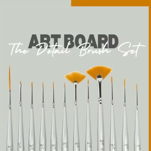 A promotional image for the Artboard Detail Brush Set. You can see the Artboard name in grey at the top with the words 'the detail brush set' in white slightly overlapping the artboard name. There are 12 brushes coming in from the bottom of the frame that have silver handles and golden taklon bristles of different sizes and shapes.