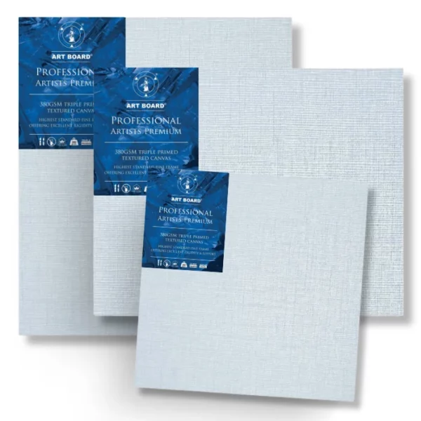 There are 3 Box Canvas Artboard Professional brands shown in the frame. The canvases are white and each one has a branded blue label in the top left hand corner. The canvas has a medium grain. Each canvas is a different size, the back two are rectangular and the front canvas is square. On a white background.