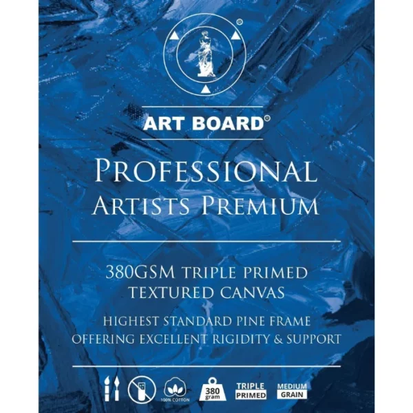 The image is of the label that appears on the Box Canvas Artboard Professional. The label is blue and has white text. The Artboard logo is printed at the top of the label and below it is the type of canvas - Professional Artists Premium and the canvas details are at the bottom of the label. They indicate that the canvas is 380gsm, triple primed and suitable for Oils and Acrylics and has the highest standard pine frame, offering excellent rigidity and support. The label is rectangular vertically in the center of the frame and on a white background.