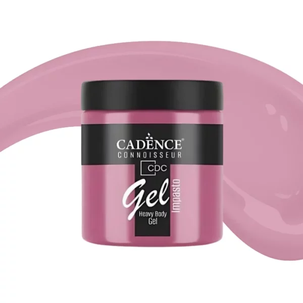 A single jar of Azalea Cadence Connoissuer Heavy Body Gel Acrylic is shown in the center of the frame. The jar is made of clear plastic and has a black plastic, screw on lid. You can see the colour of the paint through the clear jar. There is a label around the body of the jar that has the Cadence logo and product name and details printed on the label. There is a colour swatch swirl behind the jar that denotes the colour of the paint. On a white background.