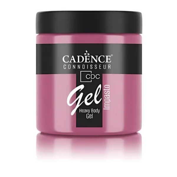 A single jar of Azalea Cadence Connoissuer Heavy Body Gel Acrylic is shown in the center of the frame. The jar is made of clear plastic and has a black plastic, screw on lid. You can see the colour of the paint through the clear jar. There is a label around the body of the jar that has the Cadence logo and product name and details printed on the label. There is a reflection below the bottle. On a white background.