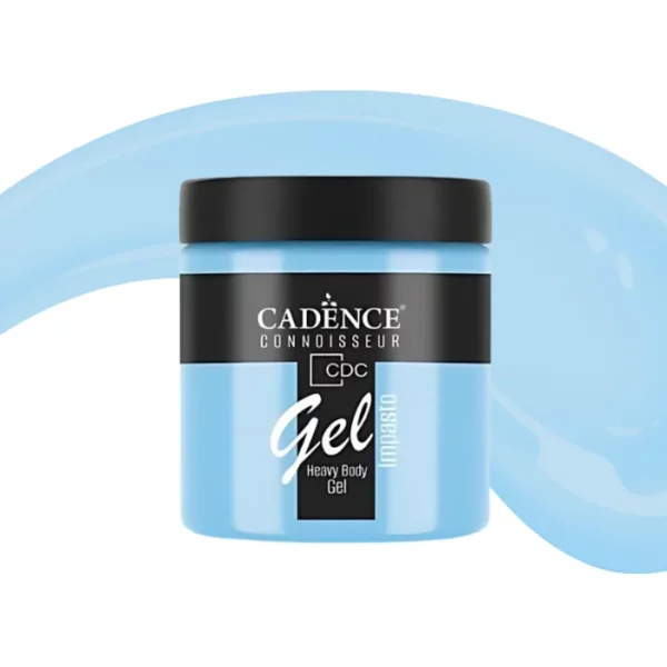 A single jar of Baby Blue Cadence Connoissuer Heavy Body Gel Acrylic is shown in the center of the frame. The jar is made of clear plastic and has a black plastic, screw on lid. You can see the colour of the paint through the clear jar. There is a label around the body of the jar that has the Cadence logo and product name and details printed on the label. There is a colour swatch swirl behind the jar that denotes the colour of the paint. On a white background.