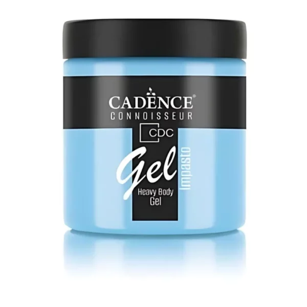 A single jar of Baby Blue Cadence Connoissuer Heavy Body Gel Acrylic is shown in the center of the frame. The jar is made of clear plastic and has a black plastic, screw on lid. You can see the colour of the paint through the clear jar. There is a label around the body of the jar that has the Cadence logo and product name and details printed on the label. There is a reflection below the bottle. On a white background.