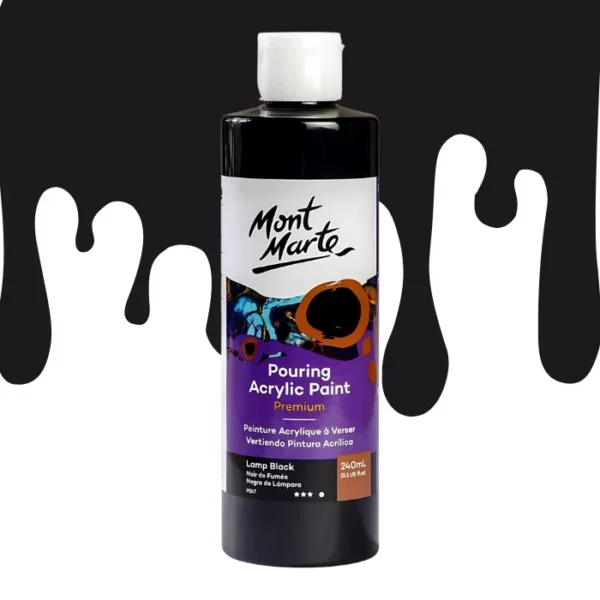 A single bottle of Lamp Black Acrylic Mont Marte Pouring Acrylic Paint is shown in the center of the frame. The bottle is clear plastic so you can see the colour of the paint through the bottle. It has a white flip top cap and a printed label around the body of the bottle. The label is white and purple and has the Mont Marte logo printed at the top with the colour name and product details below. There is a drip paint background at the back of the bottle, at the top of the frame, in the colour of the paint.