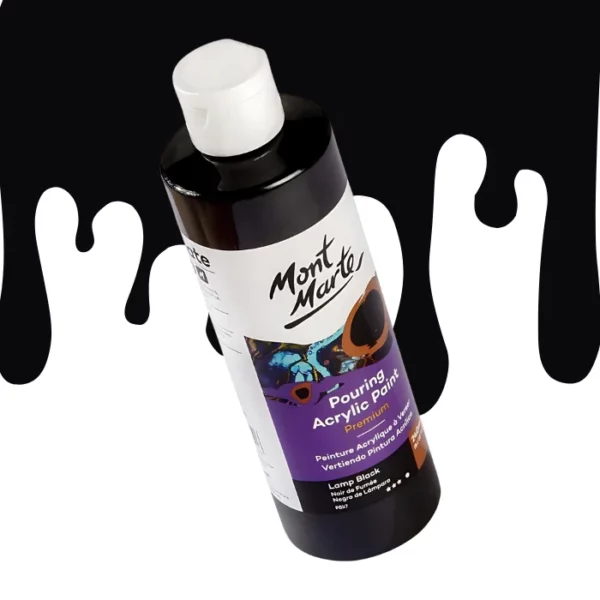 A single bottle of Lamp Black Mont Marte Pouring Acrylic Paint is shown in the center of the frame at a slight angle. The bottle is clear plastic so you can see the colour of the paint through the bottle. It has a white flip top cap and a printed label around the body of the bottle. The label is white and purple and has the Mont Marte logo printed at the top with the colour name and product details below. There is a drip paint background at the back of the bottle, at the top of the frame, in the colour of the paint.