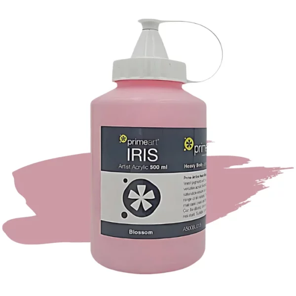 A single bottle of Blossom Iris Acrylic Paint 500ml is shown vertically in the center of the frame. The bottle is a clear plastic bottle with a white plastic flip top lid that is hinged to the bottle. There is a label around the body of the bottle that is printed with the Prime Art logo, the product name and details. The image is center of the frame and there is a paint swatch colour behind the bottle that indicates the colour of the paint. On a white background.