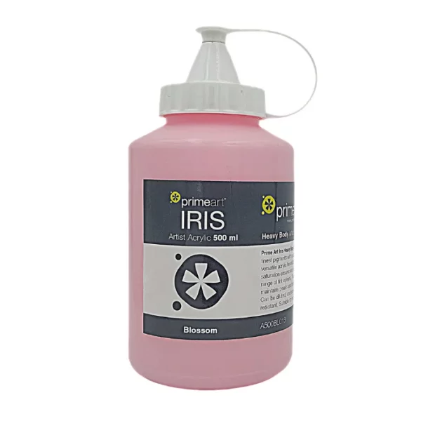 A single bottle of Blossom Iris Acrylic Paint 500ml is shown vertically in the center of the frame. The bottle is a clear plastic bottle with a white plastic flip top lid that is hinged to the bottle. There is a label around the body of the bottle that is printed with the Prime Art logo, the product name and details. The image is center of the frame and on a white background.