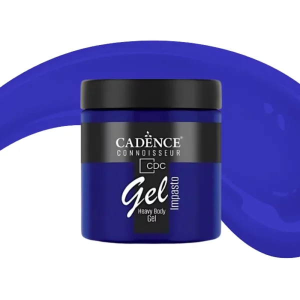 A single jar of Blue Violet Cadence Connoissuer Heavy Body Gel Acrylic is shown in the center of the frame. The jar is made of clear plastic and has a black plastic, screw on lid. You can see the colour of the paint through the clear jar. There is a label around the body of the jar that has the Cadence logo and product name and details printed on the label. There is a colour swatch swirl behind the jar that denotes the colour of the paint. On a white background.