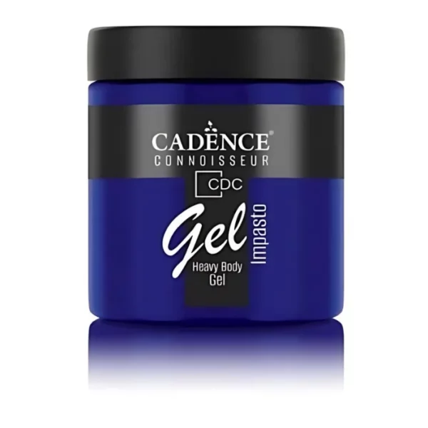 A single jar of Blue Violet Cadence Connoissuer Heavy Body Gel Acrylic is shown in the center of the frame. The jar is made of clear plastic and has a black plastic, screw on lid. You can see the colour of the paint through the clear jar. There is a label around the body of the jar that has the Cadence logo and product name and details printed on the label. There is a reflection below the bottle. On a white background.