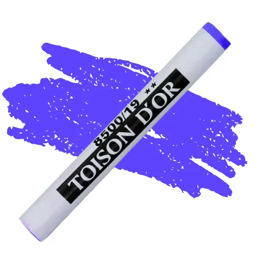 A single Blue Violet Koh-I-Noor Toison D’Or Soft Pastel is shown diagonally, across the center of the frame. The pastel has a paper wrapper around the body, which is printed in black with the brand name and product colour number. There is a colour swatch in the center of the background, behind the pastel, that indicates the colour of the pastel. On a white background.