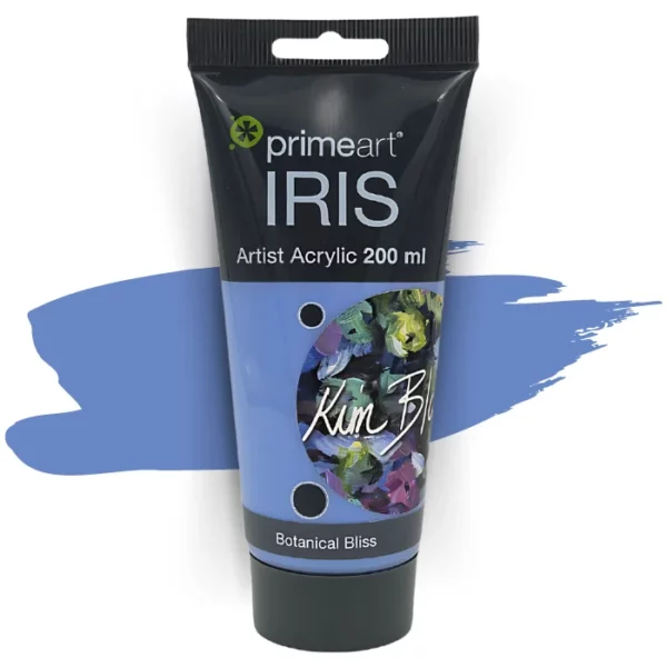 A single tube of Botanical Bliss by Kim Black Prime Art Iris Acrylic Paint 200ml is shown in the frame. The tube is a clear plastic with a black printed band at the top of each tube that has the Prime Art Iris Logo printed on it. The tube has a black flip cap that the tube stands on. You can see the colour of the paint through the tube. On a white background.