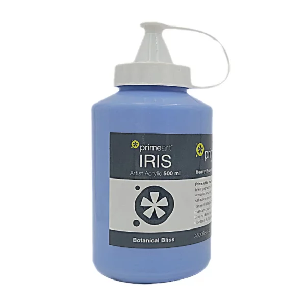 A single bottle of Botanical Bliss Iris Acrylic Paint 500ml is shown vertically in the center of the frame. The bottle is a clear plastic bottle with a white plastic flip top lid that is hinged to the bottle. There is a label around the body of the bottle that is printed with the Prime Art logo, the product name and details. The image is center of the frame and on a white background.