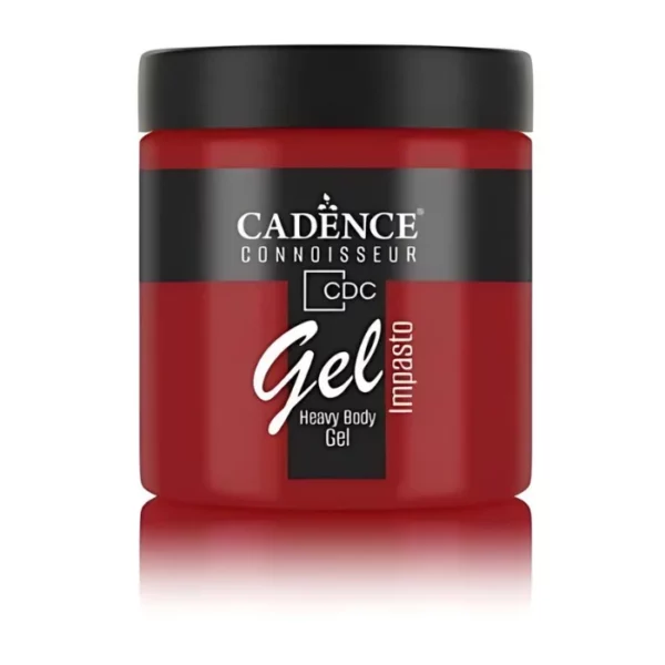 A single jar of Brick Cadence Connoissuer Heavy Body Gel Acrylic is shown in the center of the frame. The jar is made of clear plastic and has a black plastic, screw on lid. You can see the colour of the paint through the clear jar. There is a label around the body of the jar that has the Cadence logo and product name and details printed on the label. There is a reflection below the bottle. On a white background.