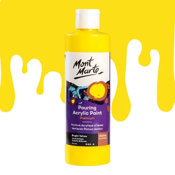 A single bottle of Bright Yellow Acrylic Mont Marte Pouring Acrylic Paint is shown in the center of the frame. The bottle is clear plastic so you can see the colour of the paint through the bottle. It has a white flip top cap and a printed label around the body of the bottle. The label is white and purple and has the Mont Marte logo printed at the top with the colour name and product details below. There is a drip paint background at the back of the bottle, at the top of the frame, in the colour of the paint.