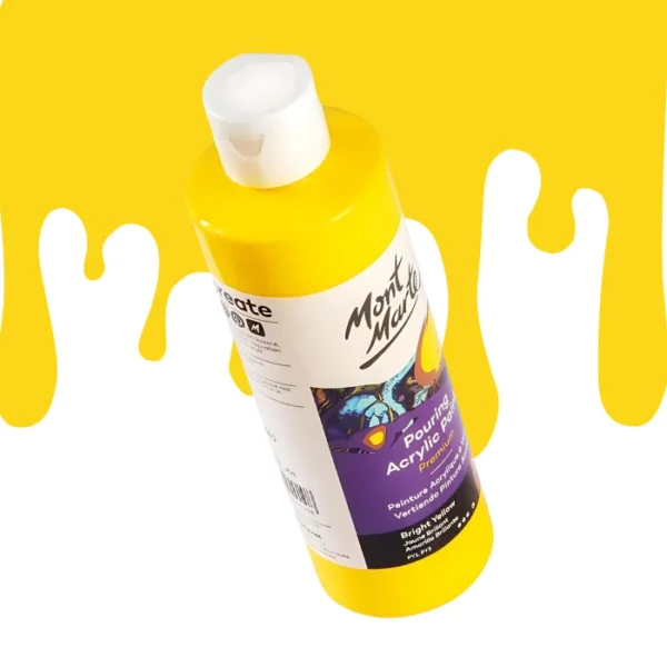 A single bottle of Bright Yellow Mont Marte Pouring Acrylic Paint is shown in the center of the frame at a slight angle. The bottle is clear plastic so you can see the colour of the paint through the bottle. It has a white flip top cap and a printed label around the body of the bottle. The label is white and purple and has the Mont Marte logo printed at the top with the colour name and product details below. There is a drip paint background at the back of the bottle, at the top of the frame, in the colour of the paint.