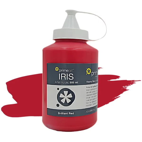 A single bottle of Brilliant Red Iris Acrylic Paint 500ml is shown vertically in the center of the frame. The bottle is a clear plastic bottle with a white plastic flip top lid that is hinged to the bottle. There is a label around the body of the bottle that is printed with the Prime Art logo, the product name and details. The image is center of the frame and there is a paint swatch colour behind the bottle that indicates the colour of the paint. On a white background.