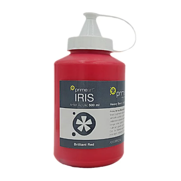 A single bottle of Brilliant Red Iris Acrylic Paint 500ml is shown vertically in the center of the frame. The bottle is a clear plastic bottle with a white plastic flip top lid that is hinged to the bottle. There is a label around the body of the bottle that is printed with the Prime Art logo, the product name and details. The image is center of the frame and on a white background.