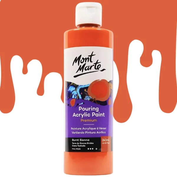 A single bottle of Burnt Sienna Mont Marte Pouring Acrylic Paint is shown in the center of the frame. The bottle is clear plastic so you can see the colour of the paint through the bottle. It has a white flip top cap and a printed label around the body of the bottle. The label is white and purple and has the Mont Marte logo printed at the top with the colour name and product details below. There is a drip paint background at the back of the bottle, at the top of the frame, in the colour of the paint.