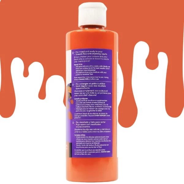 A single bottle of Burnt Sienna Mont Marte Pouring Acrylic Paint is shown in the center of the frame. It is the back of the bottle. The bottle is clear plastic so you can see the colour of the paint through the bottle. It has a white flip top cap and a printed label around the body of the bottle. The label is white and has black text describing the product. There is a drip paint background at the back of the bottle, at the top of the frame, in the colour of the paint.