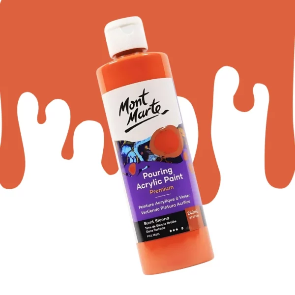 A single bottle of Burnt Sienna Mont Marte Pouring Acrylic Paint is shown in the center of the frame at a slight angle. The bottle is clear plastic so you can see the colour of the paint through the bottle. It has a white flip top cap and a printed label around the body of the bottle. The label is white and purple and has the Mont Marte logo printed at the top with the colour name and product details below. There is a drip paint background at the back of the bottle, at the top of the frame, in the colour of the paint.