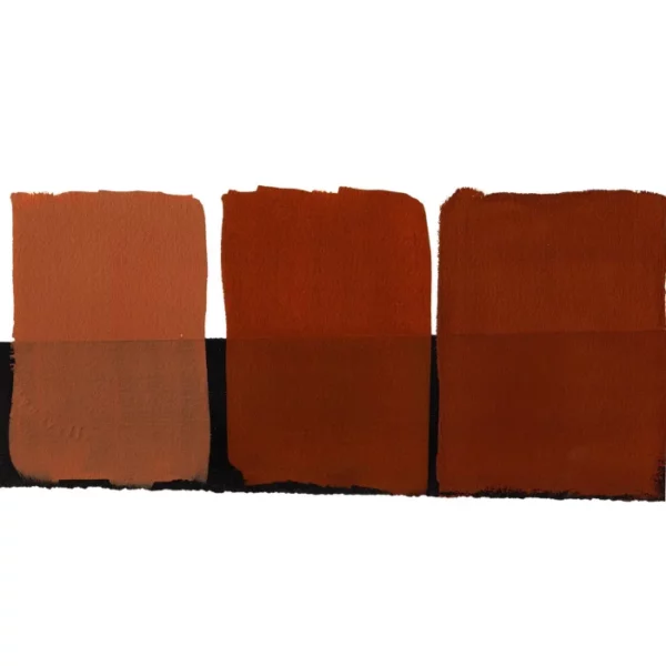 There is a colour swatch of the Burnt Sienna S1 Daniel Smith Extra Fine Gouache 15ml Paint, shown in the center of the frame, horizontally. It is shown on a white background and a black background and there are 3 swatches, showing the paint in it's purest form, used directly from the tube, as well as the paint when diluted with water, so it becomes more transparent. On a white background.